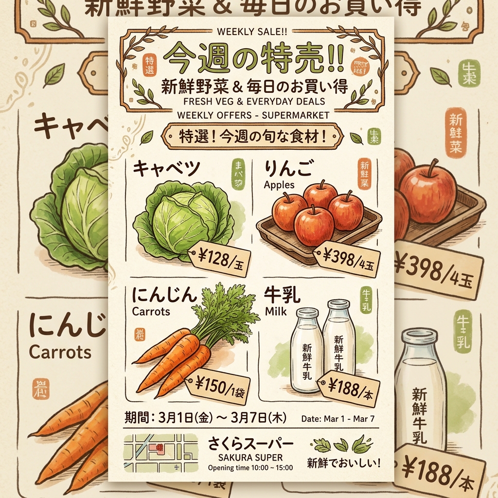みどり青果マート 今週のチラシ（キャベツ128円、りんご398円、にんじん150円、牛乳188円など）