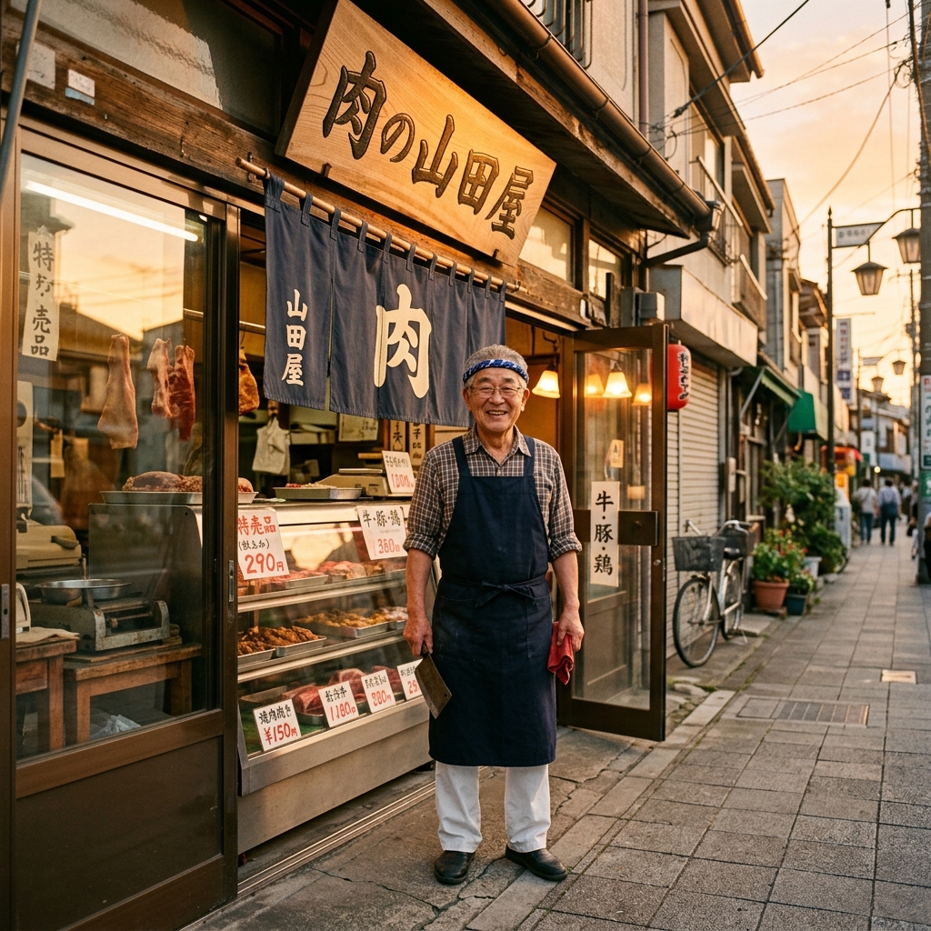 肉の山田屋の店先で笑顔で立つ店主の山田さん