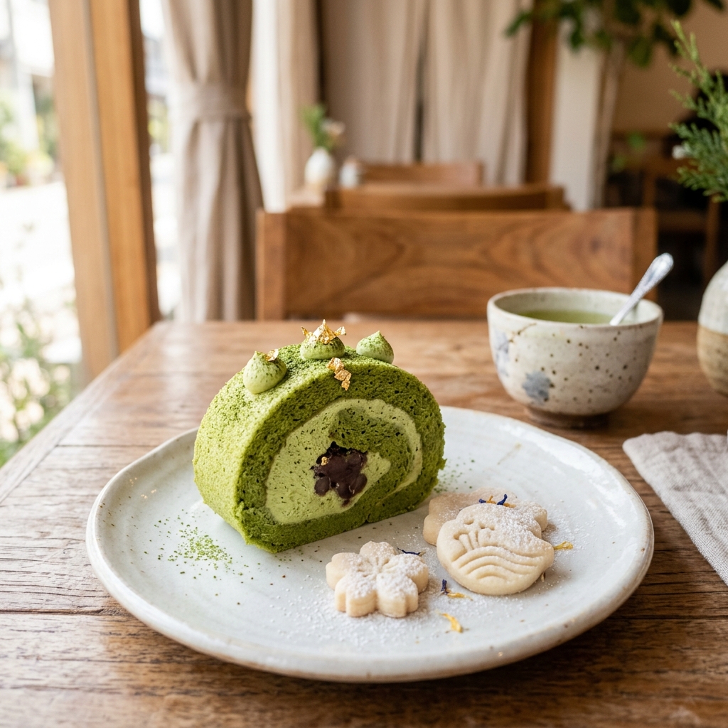 上品な和風カフェのテーブルに並ぶ、金箔が施された美しい宇治抹茶のロールケーキと桜型クッキー
