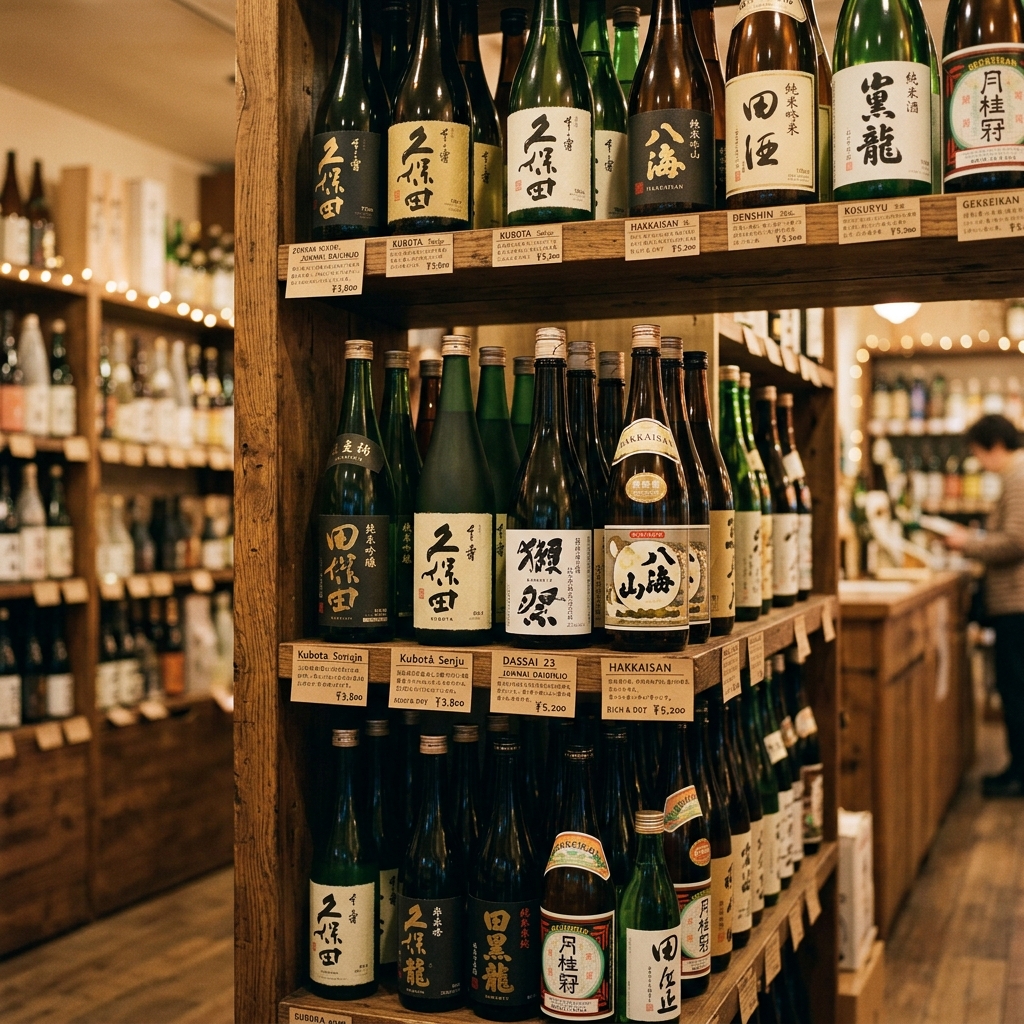 升本酒米店の木製大型日本酒セラーに並ぶ「久保田」「八海山」「獺祭」などの有名地酒ボトル
