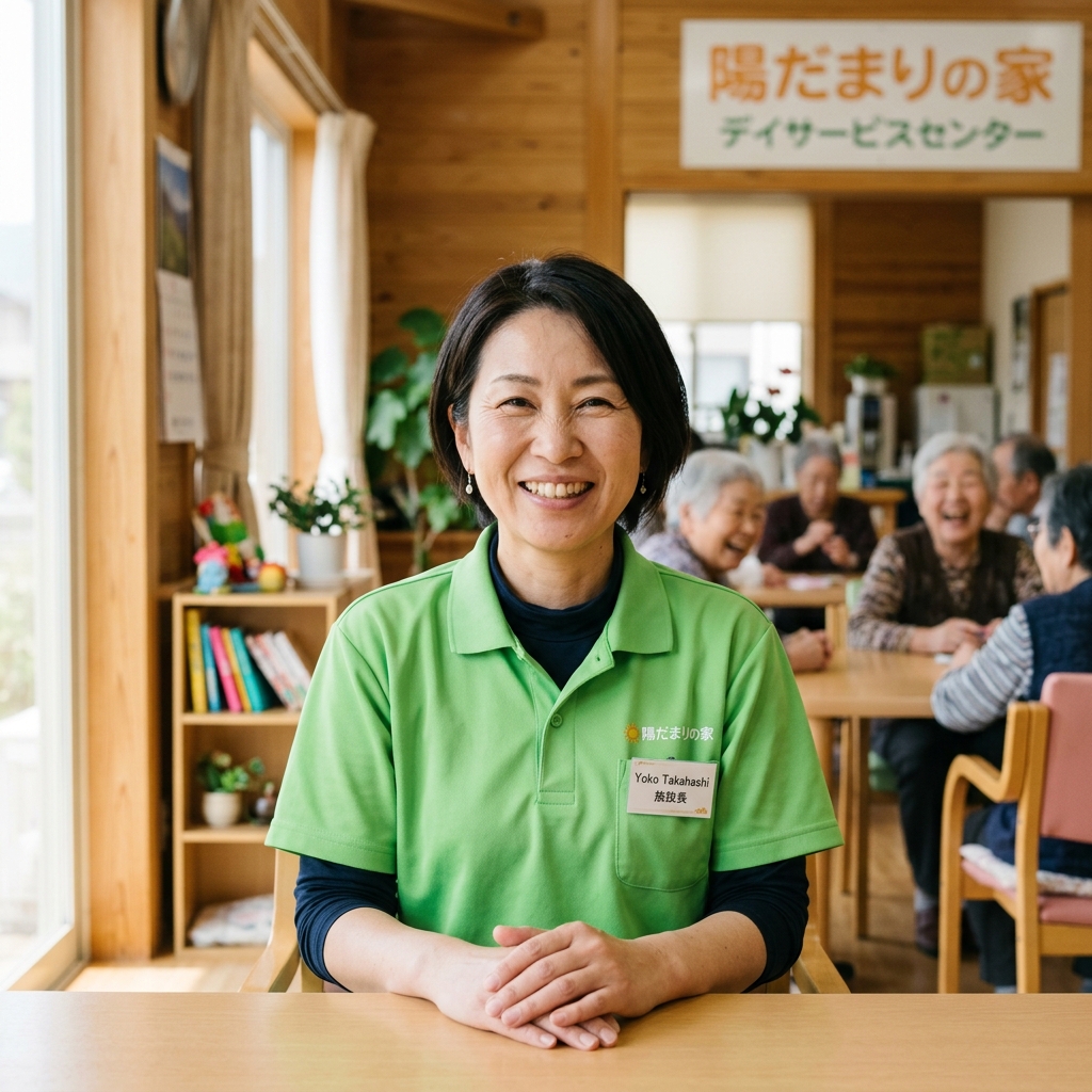 デイサービスセンター ひだまり施設長の高橋陽子。明るい緑のポロシャツを着て、温和な笑顔でこちらを見ています。