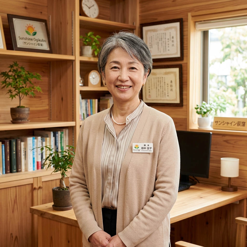 有料老人ホーム サンシャイン荻窪施設長の田中宏子。木目のオフィスで上品なベージュのカーディガンを着て、優しく微笑んでいます。