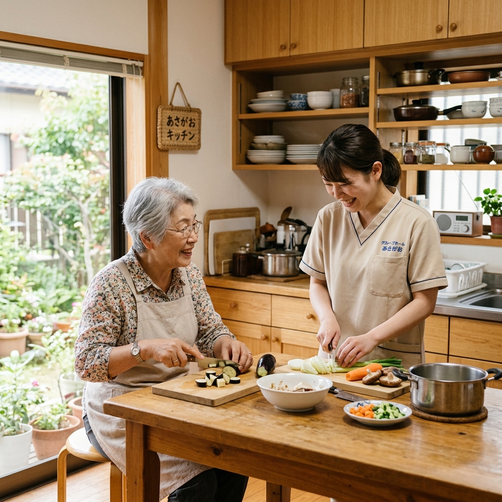 グループホームあさがおでの日常調理風景。利用者の女性と介護スタッフが、明るく温かみのあるキッチンテーブルで楽しそうにおしゃべりをしながら野菜を刻んでいます。