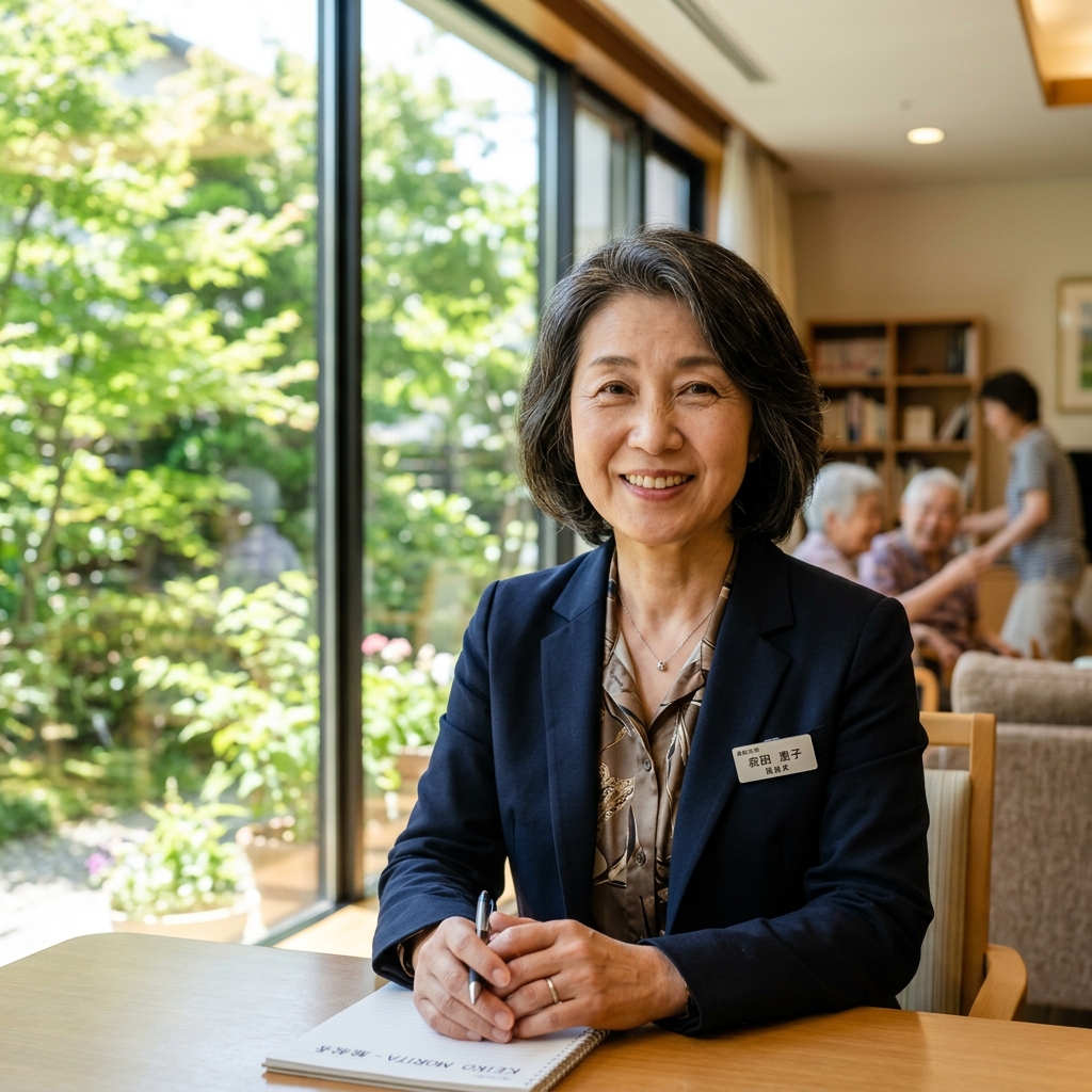 ケアハウス グリーンヒルホーム長（管理者）の森田恵子。明るい窓辺で紺色のジャケットを着て、優しく微笑みかけています。