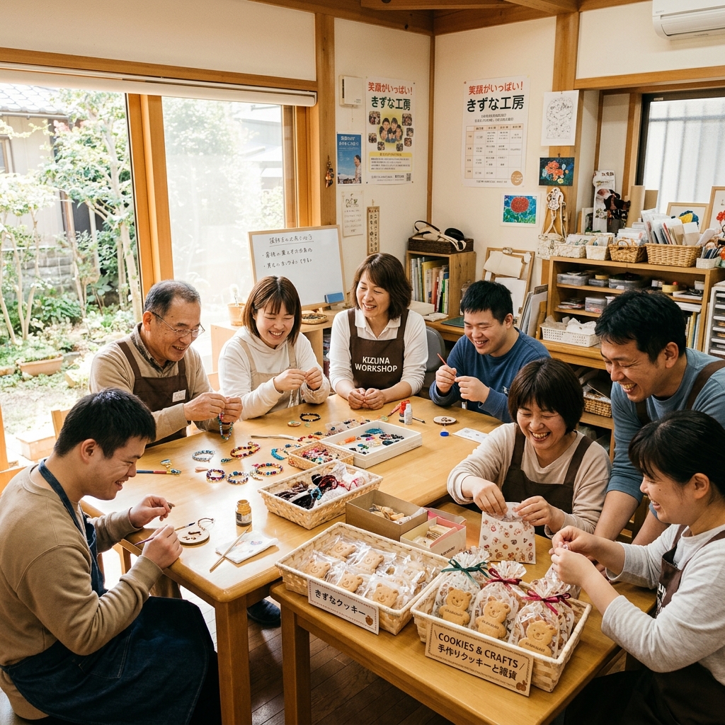 ひだまり事業所の明るい作業スペース。温かい木造の室内で、利用者の皆様と支援スタッフがテーブルを囲み、笑顔で会話をしながら、手作りのクッキーの袋詰めやカラフルなビーズクラフトの制作に取り組んでいます。窓からは明るい庭の緑が見えています。