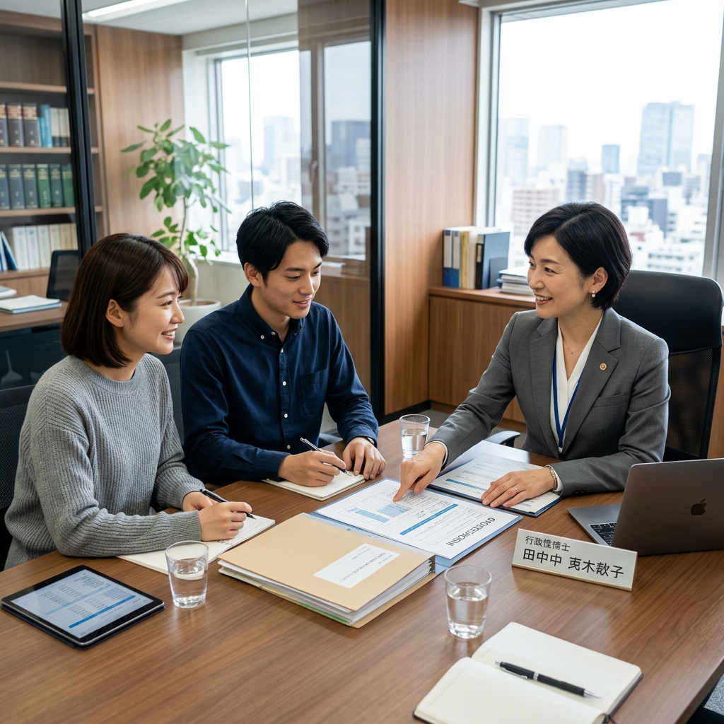 お客様と明るい雰囲気で進める行政手続き相談の様子