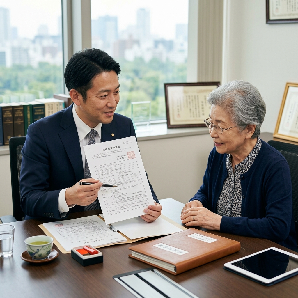 お客様に丁寧に登記の手続きを説明する司法書士の様子