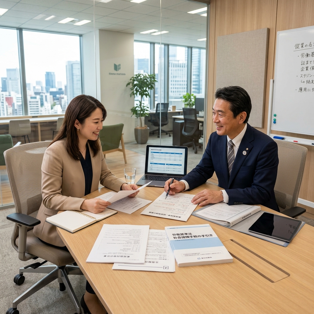 代表社労士が笑顔で経営者様と労務資料を前に相談を受けている面談風景