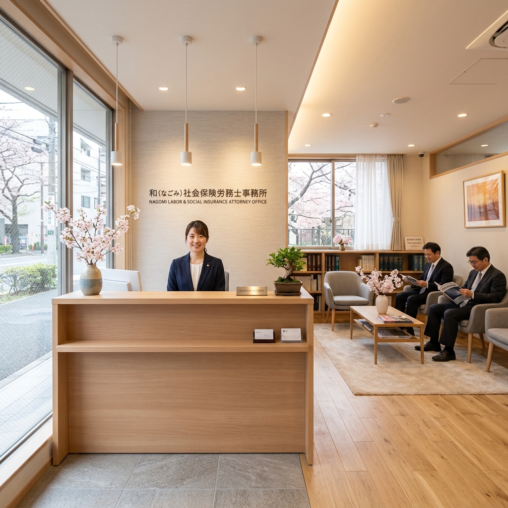 清潔感と暖かみのある社労士事務所の受付待合スペース