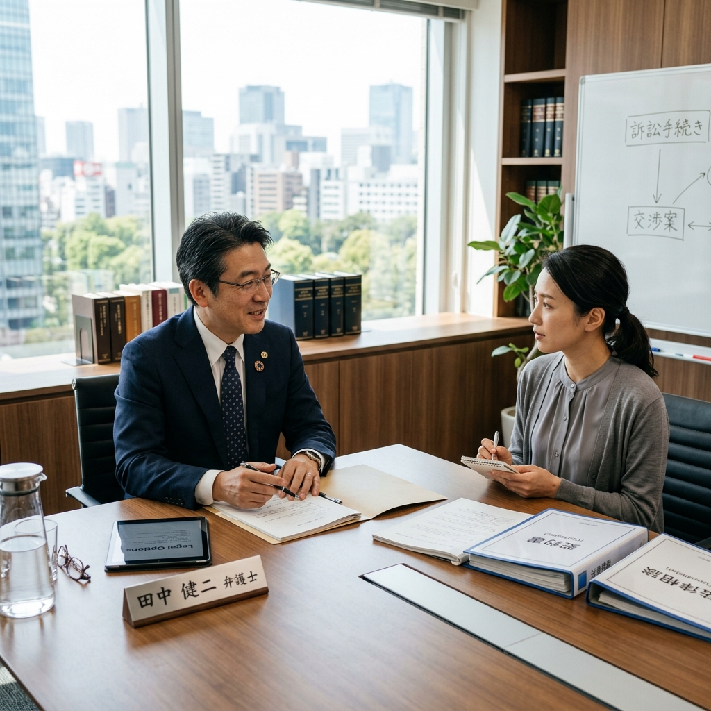 代表弁護士が応接室でご依頼者様のお話を親身にメモをとりながらヒアリングしている相談の様子