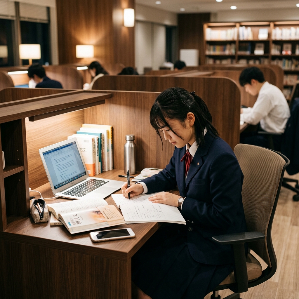 個室自習ブースで勉強に集中する受験生