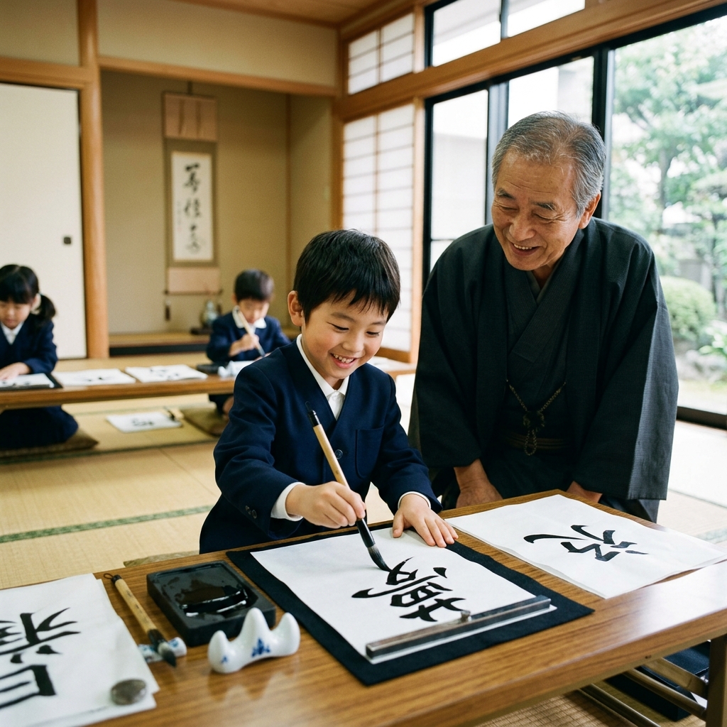 習字の練習に集中する様子